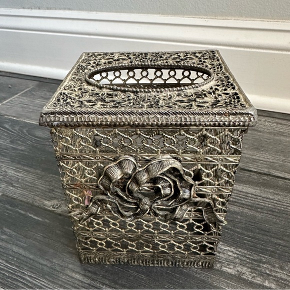 Vintage Metal Tissue Box CoverSquare  Goldish Charcoal Home  Bathroom Decor - Picture 4 of 9